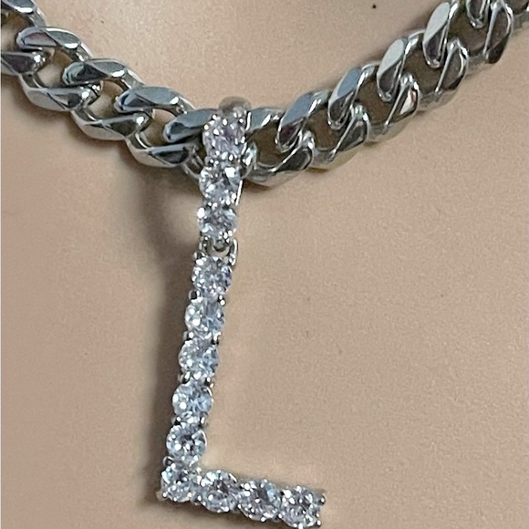 FASHION JEWELRY SILVER LETTER NECKLACE WOMEN STAINLESS STEEL RHINESTONE PENDANT - Picture 2 of 10